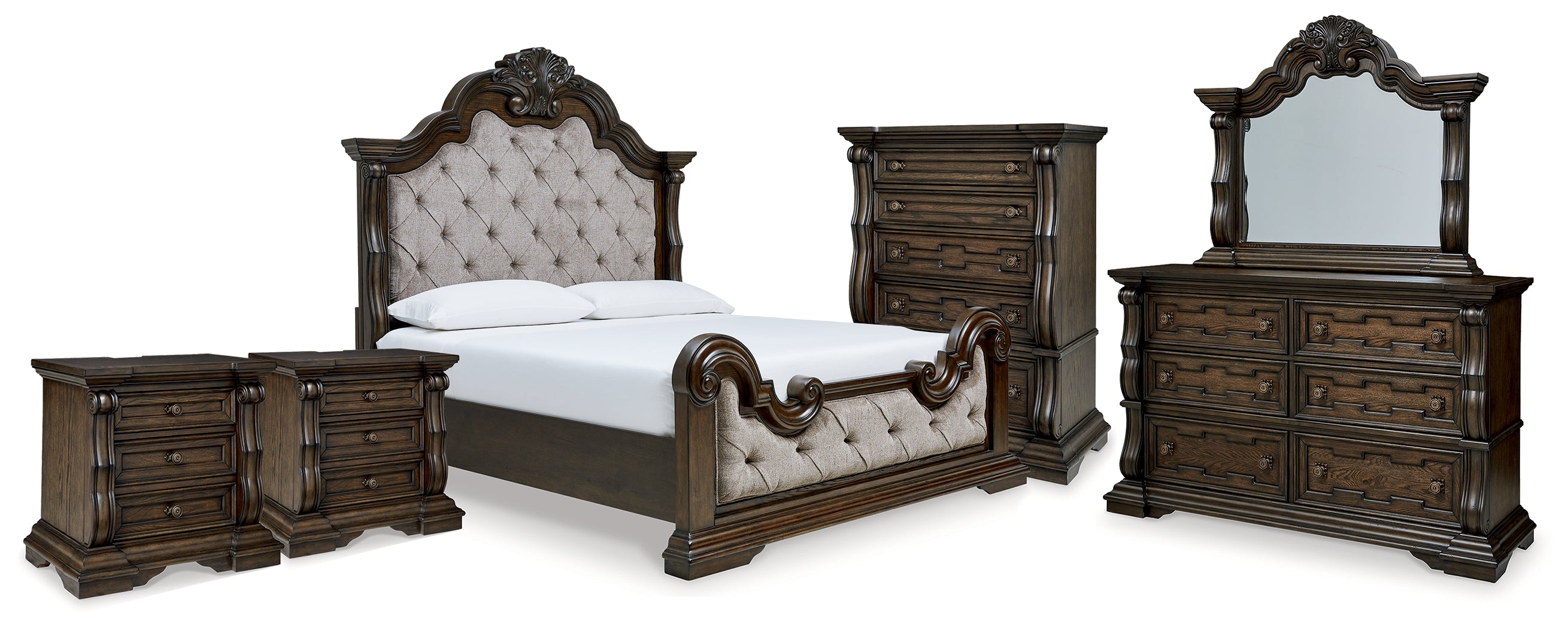 Hoover Furniture Outlet - Ashley Furniture - Maylee King Upholstered Bed, Dresser, Mirror, Chest and 2 Nightstands - King Upholstered Bed, Dresser, Mirror, Chest and 2 Nightstands - B947B13