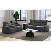 Blitz Motion Sofa with DDT, Reading Light, Wireless Charger and LED in Simba Slate and Black Welt