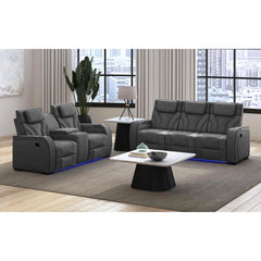Blitz Motion Sofa with DDT, Reading Light, Wireless Charger and LED in Simba Slate and Black Welt