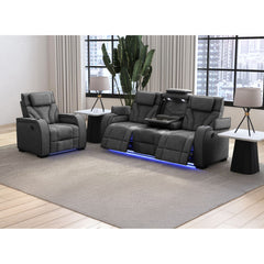 Blitz Motion Sofa with DDT, Reading Light, Wireless Charger and LED in Simba Slate and Black Welt