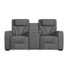 Blitz Motion Loveseat with Console, and LED in Simba Slate and Black Welt