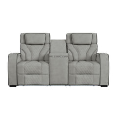 Blitz Motion Loveseat with Console, and LED in Simba Taupe and Black Welt