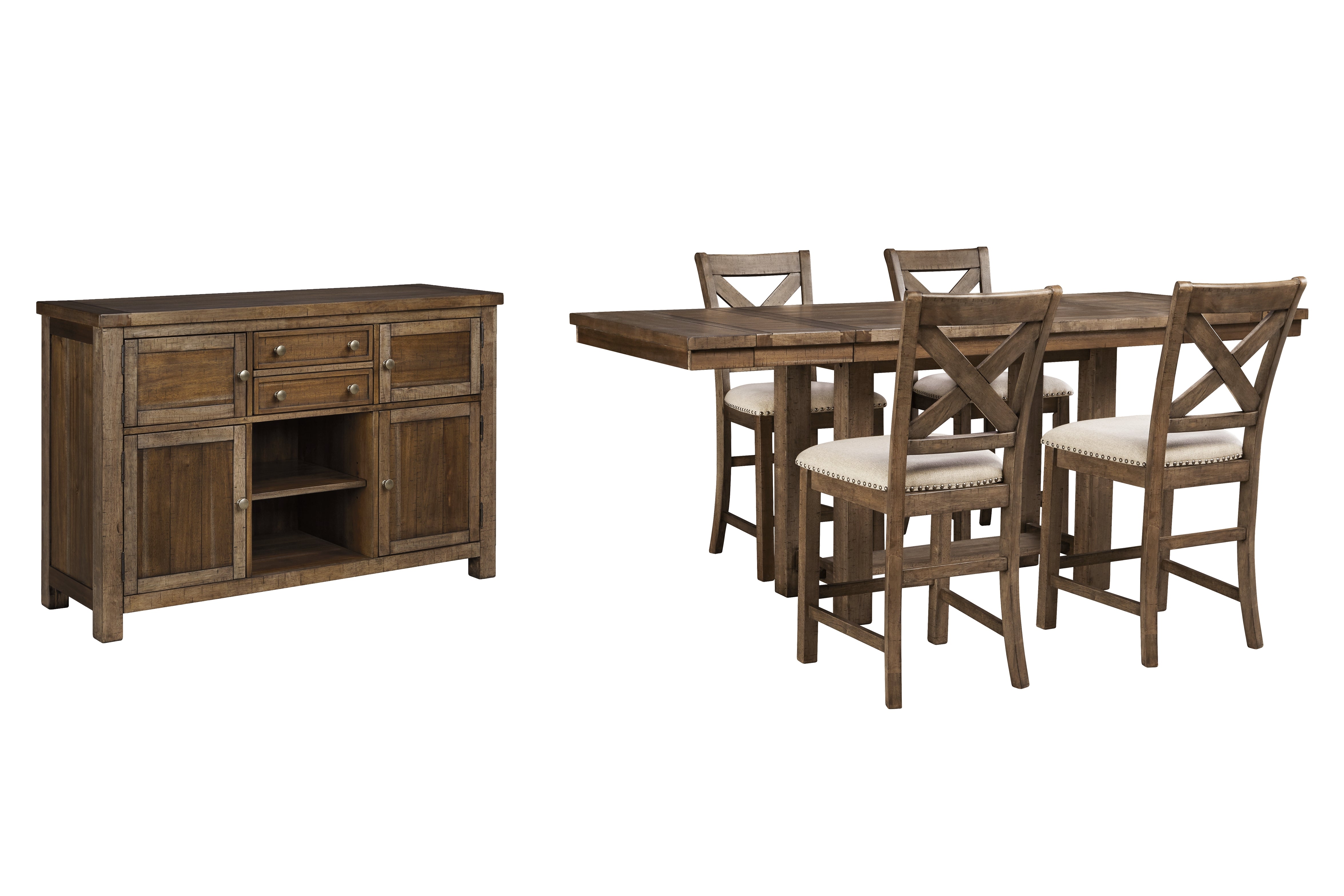 Hoover Furniture Outlet - Ashley Furniture - Moriville Counter Height Dining Table, 4 Barstools and Server - Counter Height Dining Table, 4 Barstools and Server - D631D8