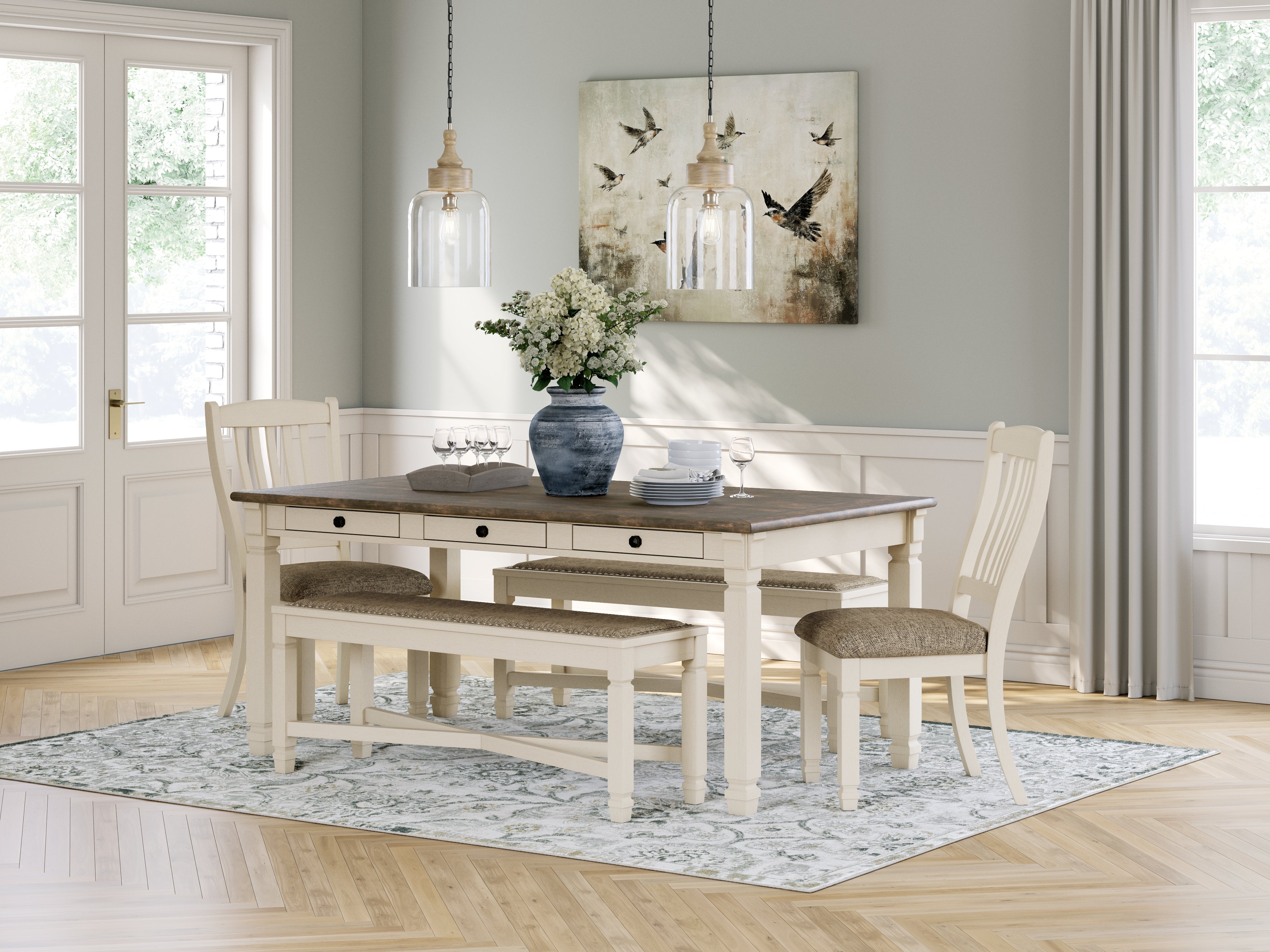 Hoover Furniture Outlet - Ashley Furniture - Bolanburg Dining Table with 2 Chairs and 2 Benches - Dining Table with 2 Chairs and 2 Benches - D647D7