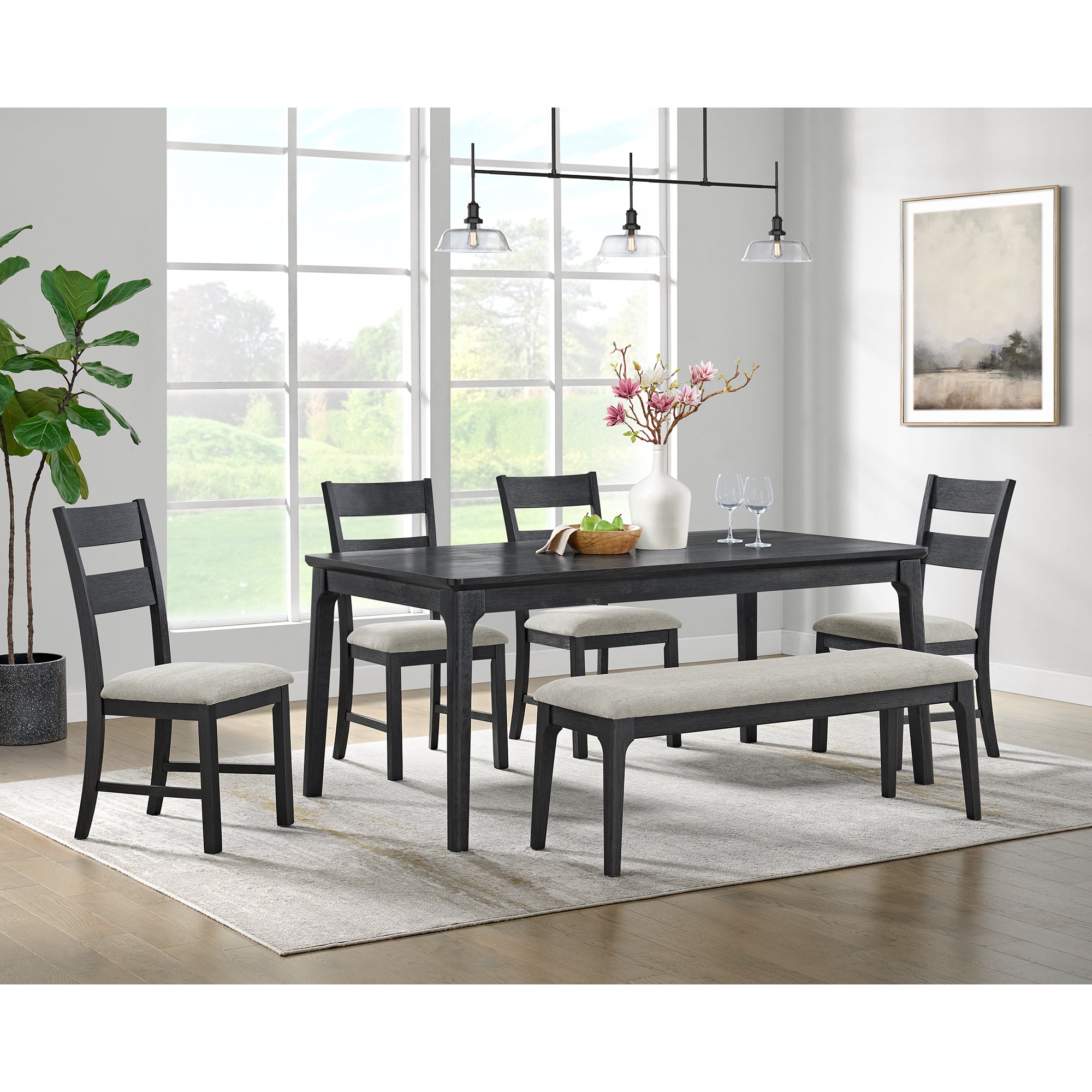 Garcia 6PC Dining Set with Table, 4 Chairs, and Bench in Black – SKU D-12990-8-6DS | Elements