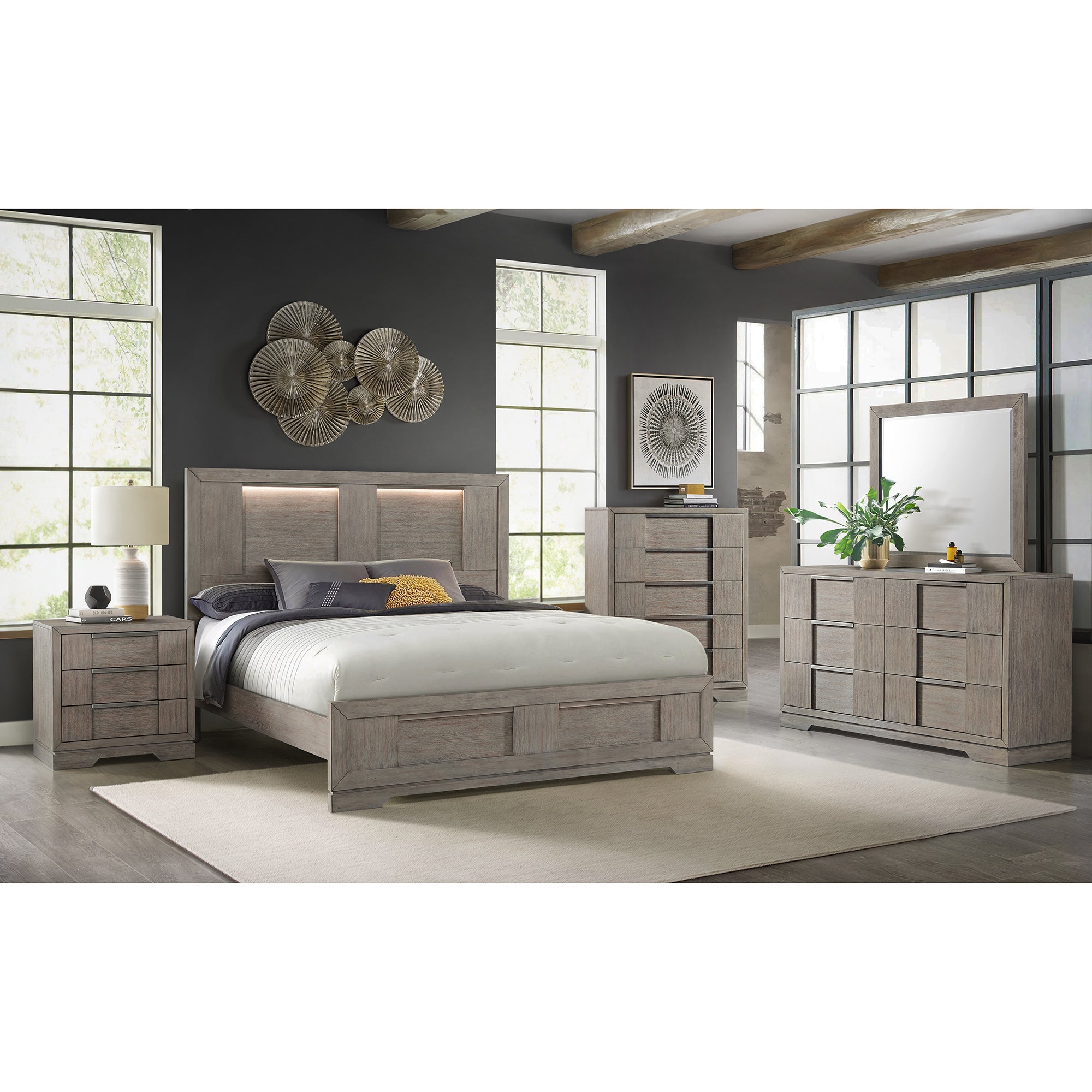 Kelis Queen Panel 4PC Bedroom Set with LED in Grey – SKU B-9770-3-QBL-4PC | Elements