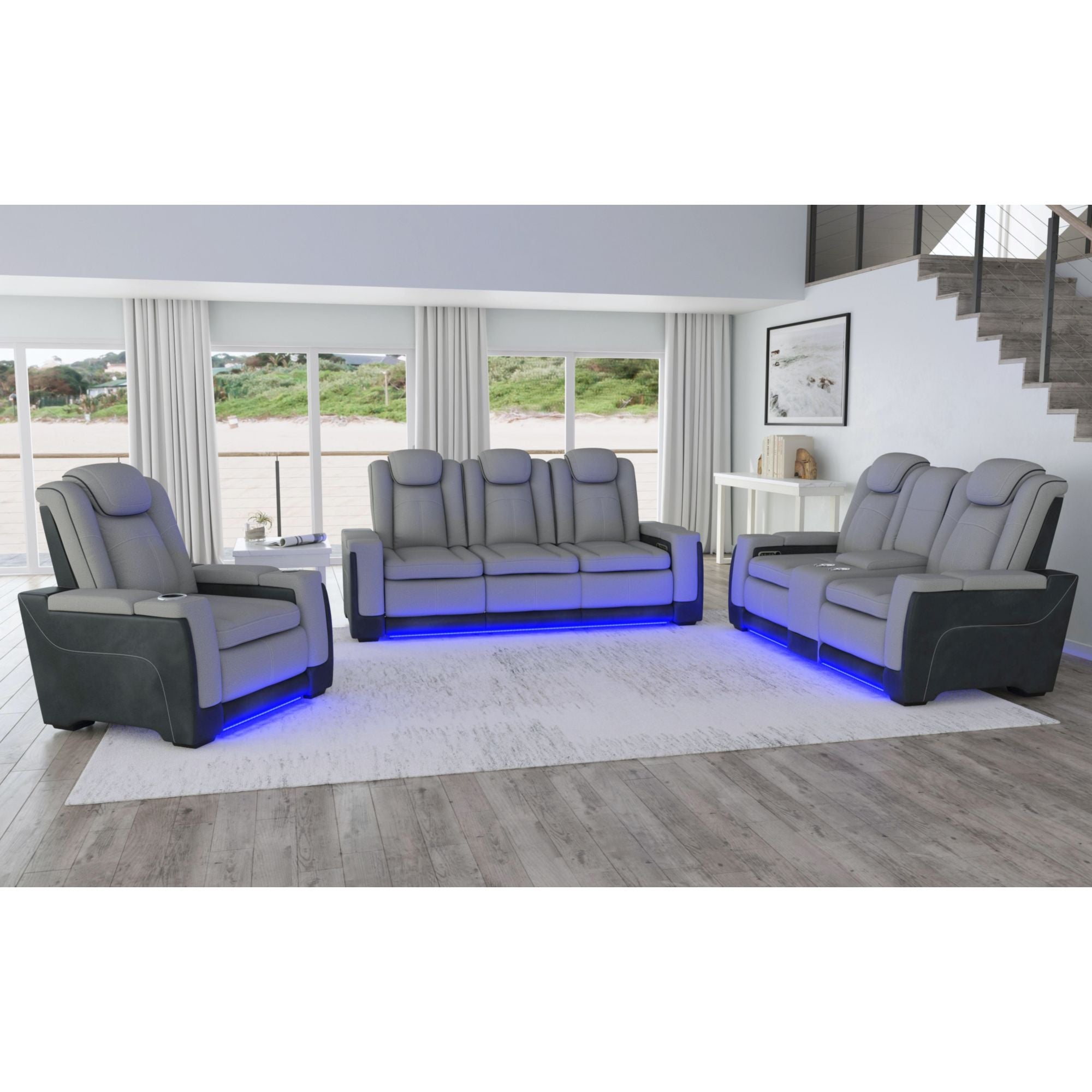 Lantana Power Motion Loveseat with Power Headrest, Led, and Console in Rocky Cement/Charcoal – SKU U-13660-10562-285PP | Elements