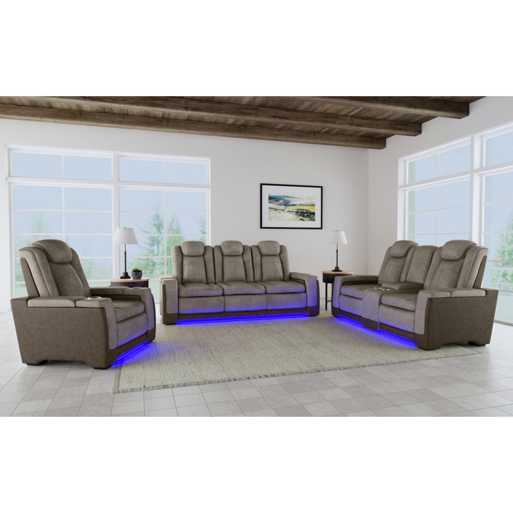 Easy Comfort Power Motion Sofa with Power Headrest, Led, DDT, reading light and PWS in Rocky Grey/Brown – SKU U-13660-10560-308PP | Elements