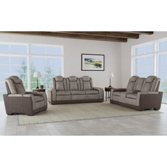 Easy Comfort Power Motion Loveseat with Power Headrest, Led, and Console in Rocky Grey/Brown