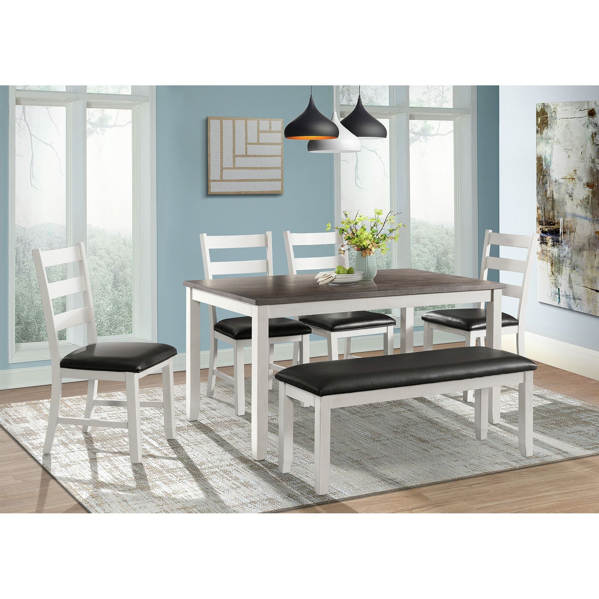 Martin 6 Pc Dining set (Table+ 4 + Bench) (Dark Brown Top - White Base) – SKU DMT7006DS | Elements