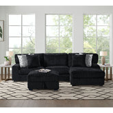 Nightfall LHF Loveseat in Grand Cord Black with 4 Pillows 20" (2 Burst Jet, 2 Portal 9) – SKU U-16570-10473-240 | Elements