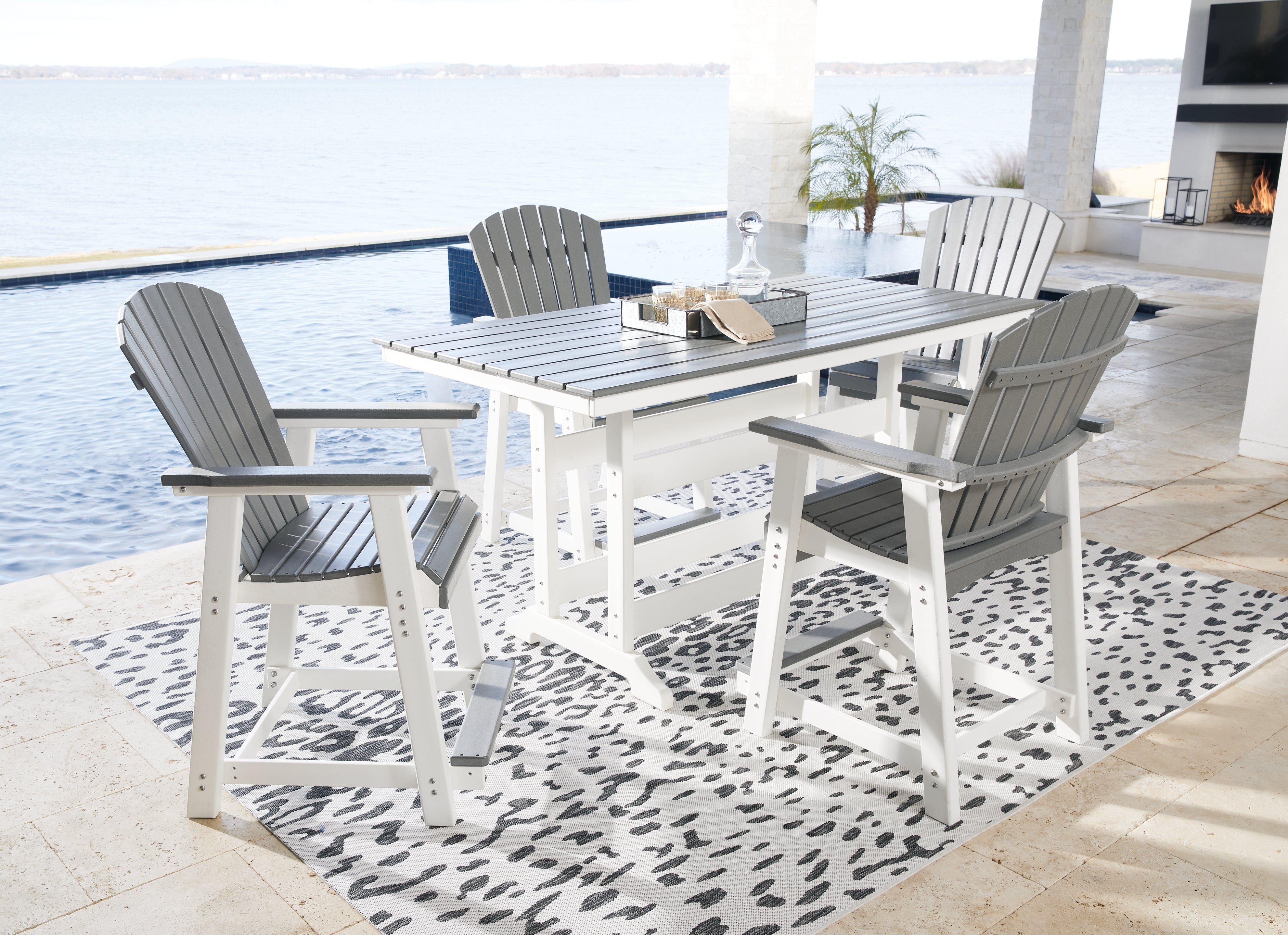 Hoover Furniture Outlet - Ashley Furniture - Transville Outdoor Counter Height Dining Table with 4 Barstools - Outdoor Counter Height Dining Table with 4 Barstools / Gray/White - P210P5