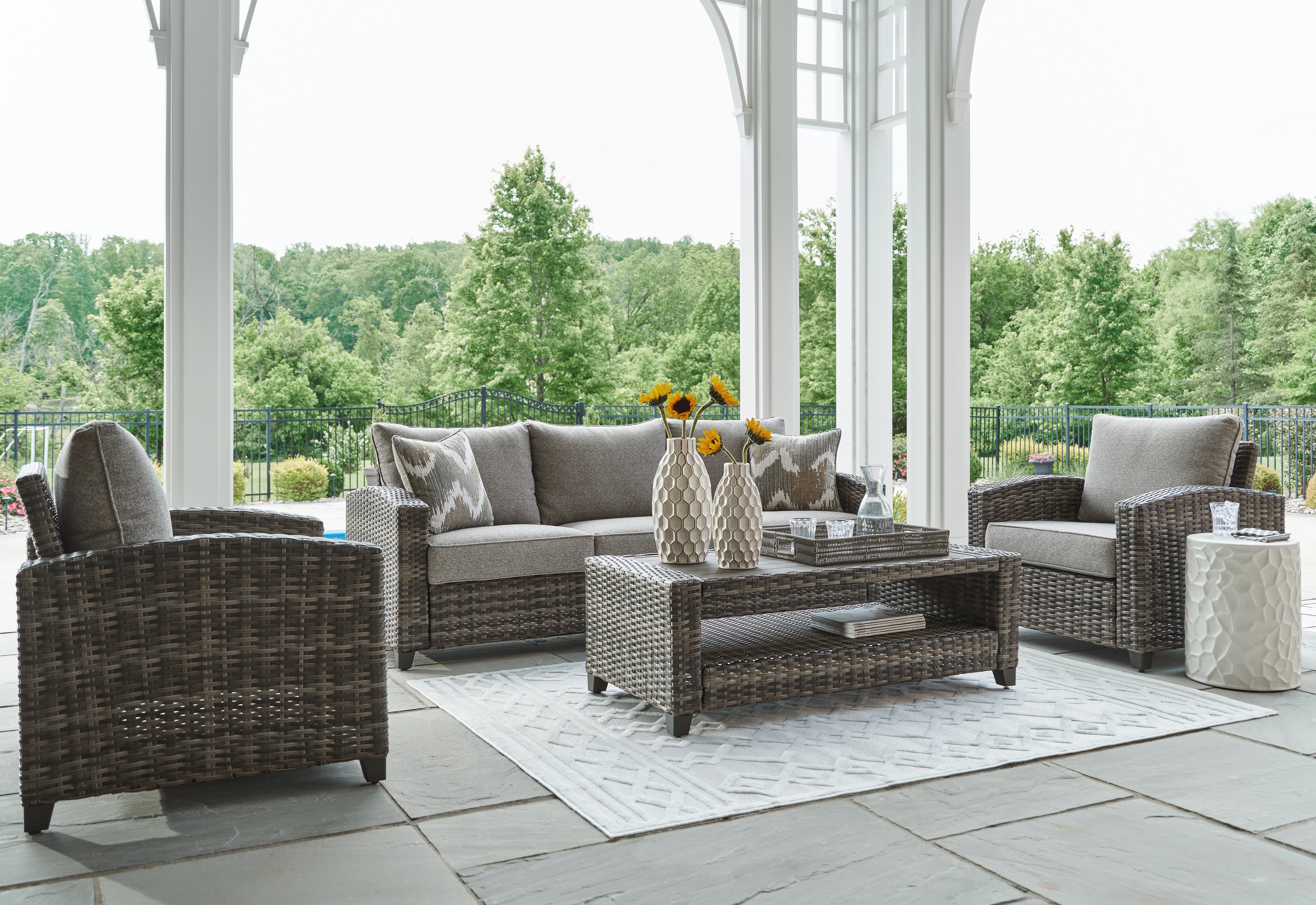 Hoover Furniture Outlet - Ashley Furniture - Oasis Court Outdoor Sofa/Chairs/Table Set (Set of 4) - Sofa/Chairs/Table Set (4/CN) - P335-081
