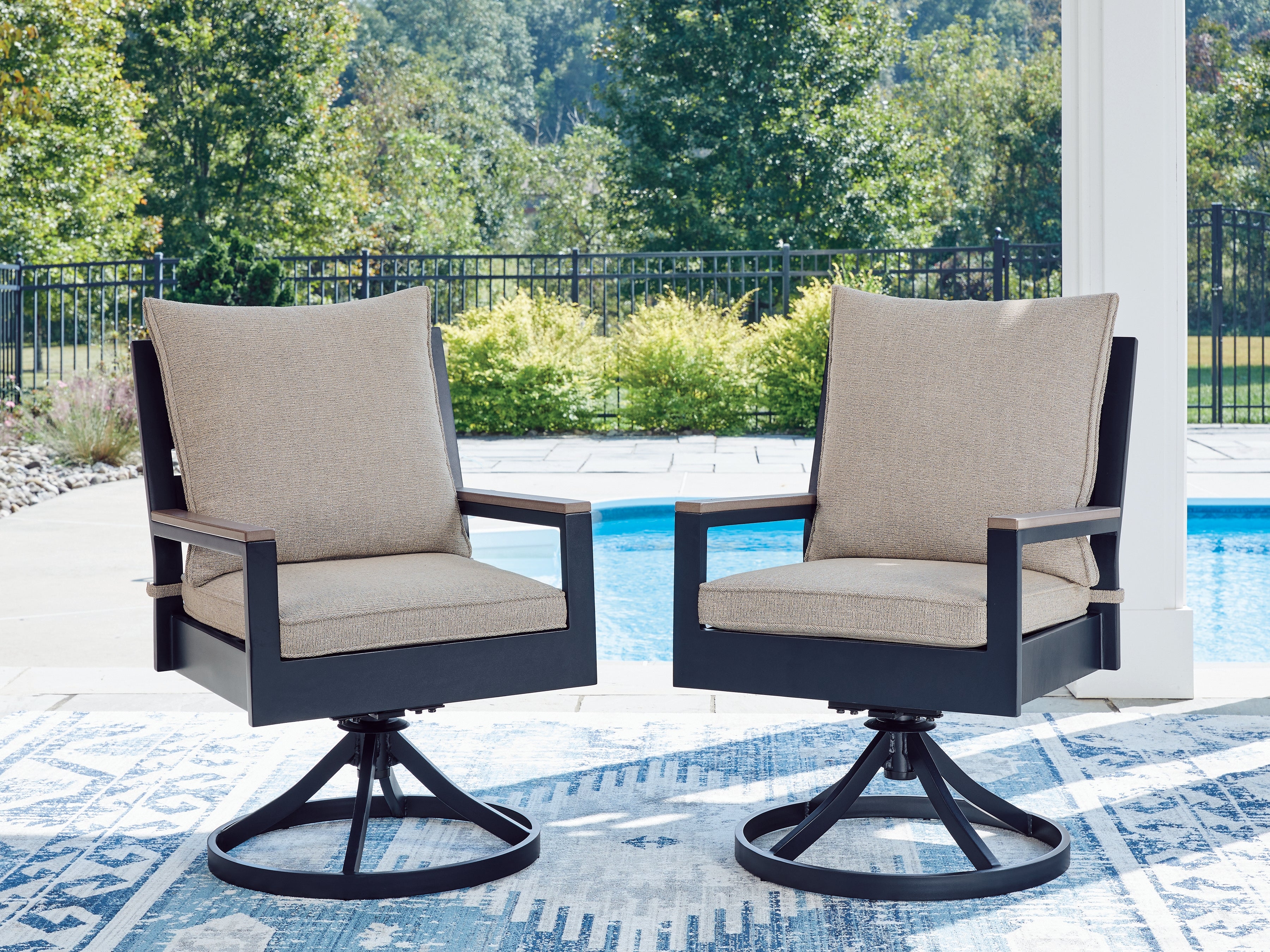 Hoover Furniture Outlet - Ashley Furniture - East Beach Outdoor Swivel Chair with Cushion (Set of 2) - Swivel Chair w/Cushion (Set of 2) - PCP587-602A