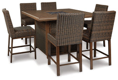 Hoover Furniture Outlet - Ashley Furniture - Paradise Trail Outdoor Bar Fire Pit Table with 6 Barstools - Outdoor Bar Fire Pit Table with 6 Barstools - P750P8