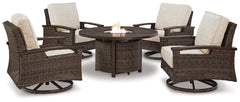 Hoover Furniture Outlet - Ashley Furniture - Paradise Trail Outdoor Fire Pit Table with 4 Lounge Chairs - Outdoor Fire Pit Table with 4 Lounge Chairs - P750P7