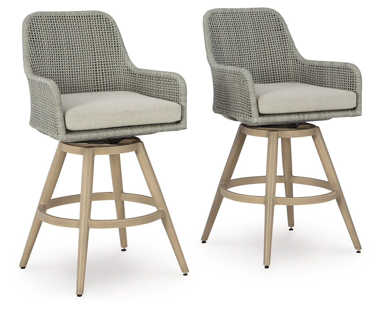 Hoover Furniture Outlet - Ashley Furniture - Seton Creek Outdoor Bar Height Barstool with Cushion (Set of 2) - Barstool with Cushion (Set of 2) / Beige/Gray - P798-130