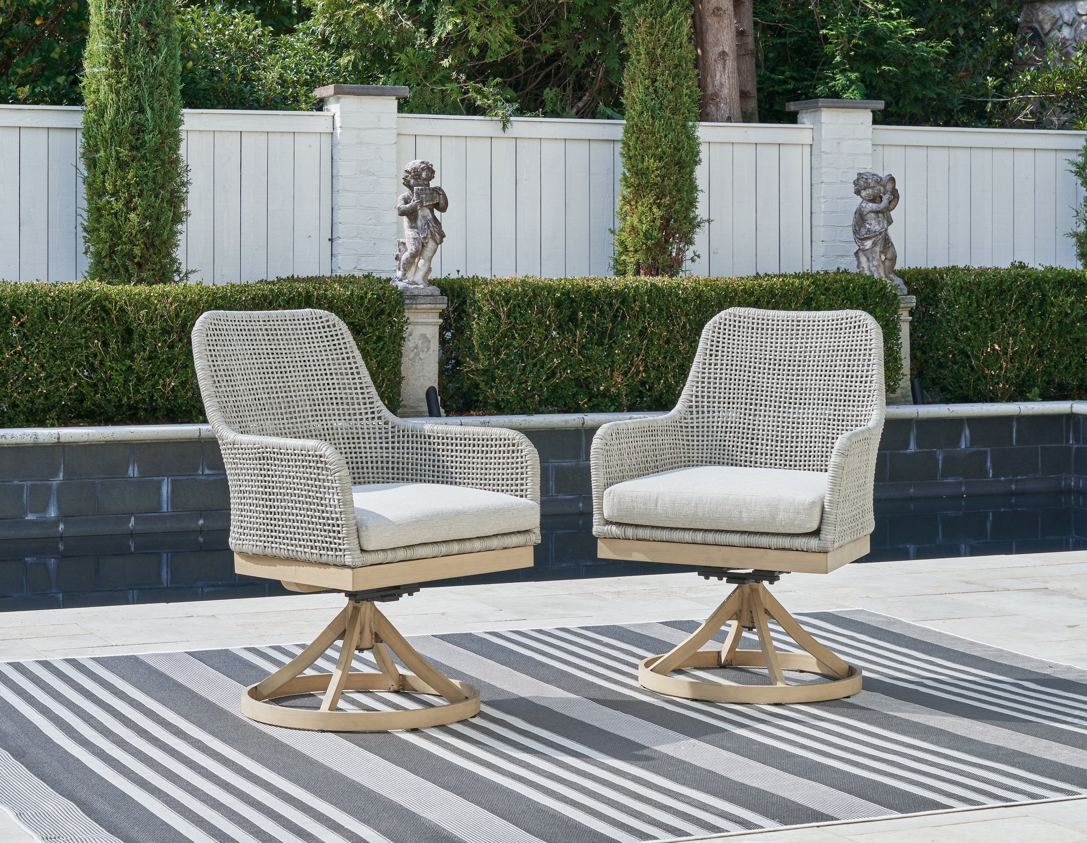 Hoover Furniture Outlet - Ashley Furniture - Seton Creek Outdoor Swivel Dining Chair (Set of 2) - Swivel Chair w/Cushion (Set of 2) - P798-602A