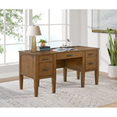 Portico Half Pedestal Desk with Power/USB in Brown Oak – SKU H-15970-6-DK2 | Elements