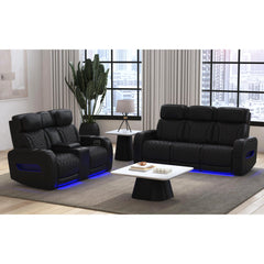 Prime Time P3 Sofa with I Table, reading light, heat, massage, LED, and speaker in Jett Black with Red Stitching