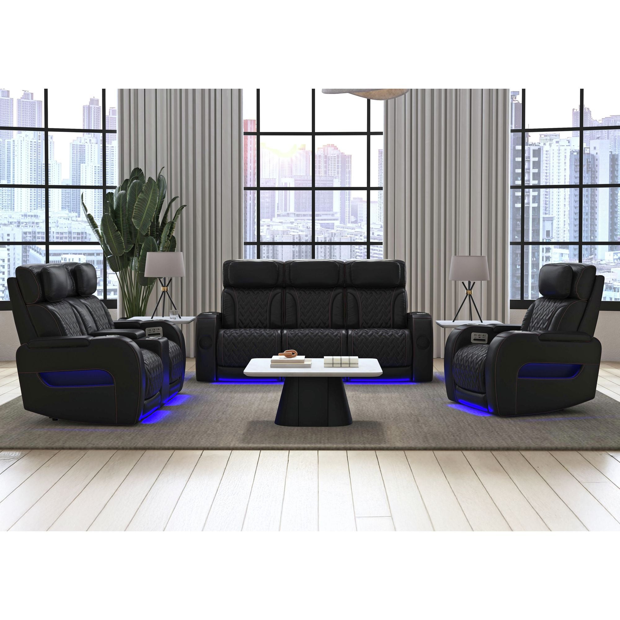 Prime Time P3 Loveseat with LED, wireless charger pocket, and Console in Jett Black with Red Stitching – SKU U-16330-10450-285PPPR | Elements