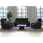 Prime Time P3 Loveseat with LED, wireless charger pocket, and Console in Jett Black with Red Stitching – SKU U-16330-10450-285PPPR | Elements