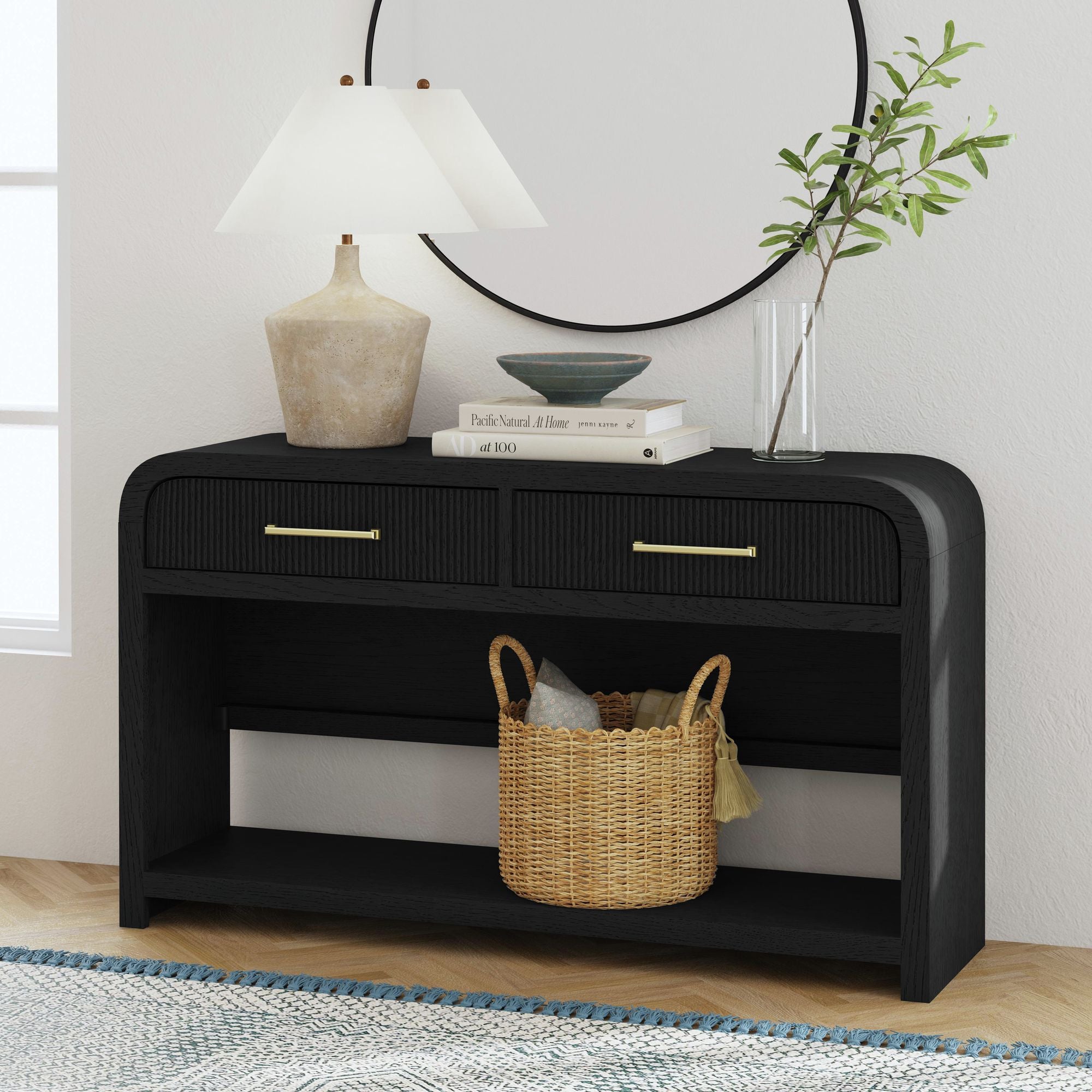 Ridgemont Sofa Table with Bottom Shelf in Black with Grain – SKU T-14440-8W-ST | Elements