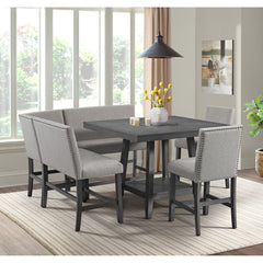 Seneca Counter Bench with Upholstered Back and Grey Fabric in Grey