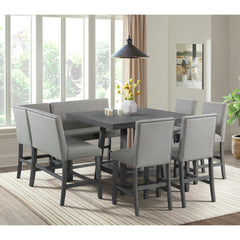 Seneca Counter Corner Bench with Upholstered Back and Grey Fabric in Grey
