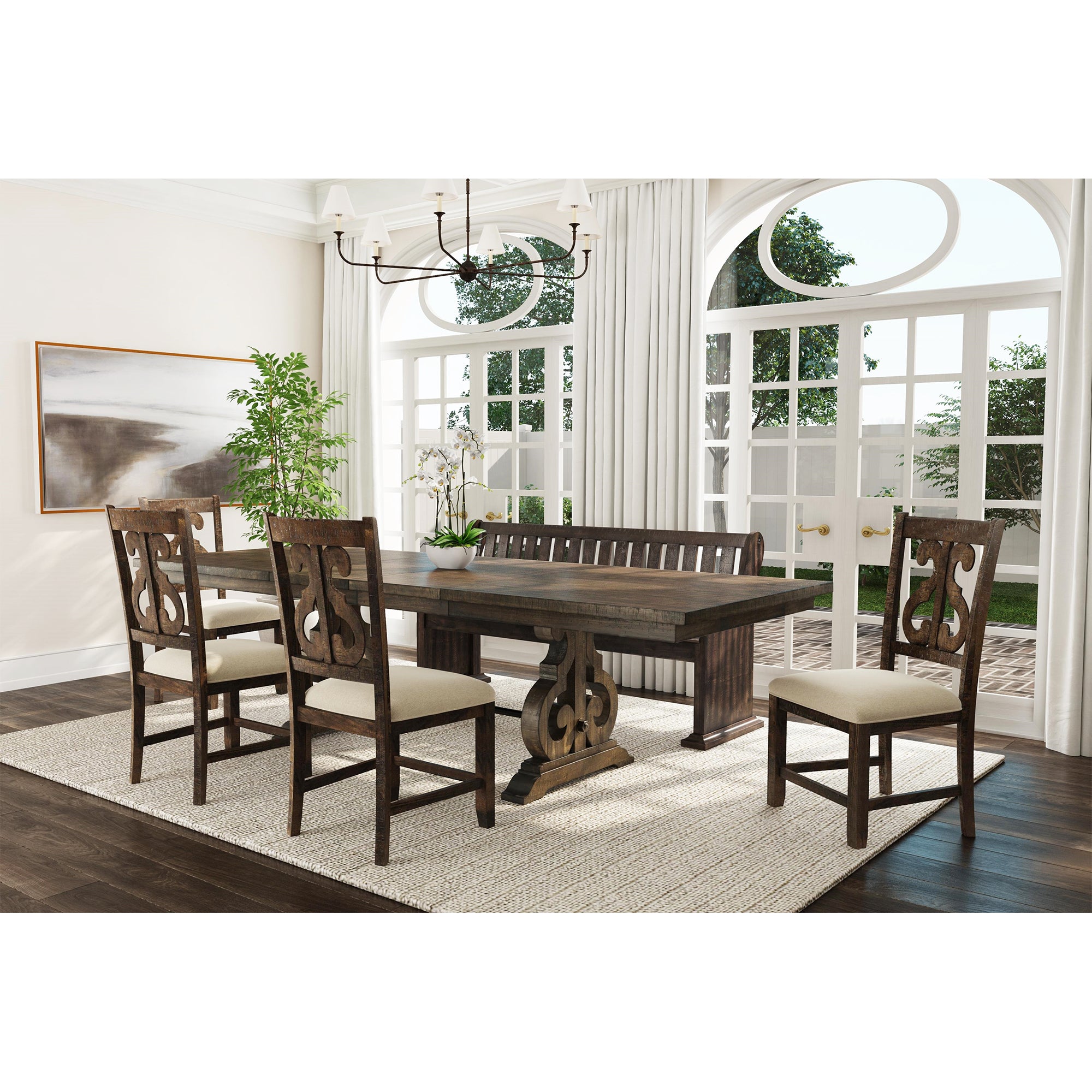 Stone 6PC Dining Set in Charcoal - Table, 4 Wooden Swril Back Side Chairs, & Pew Bench – SKU DST150SB6PC | Elements