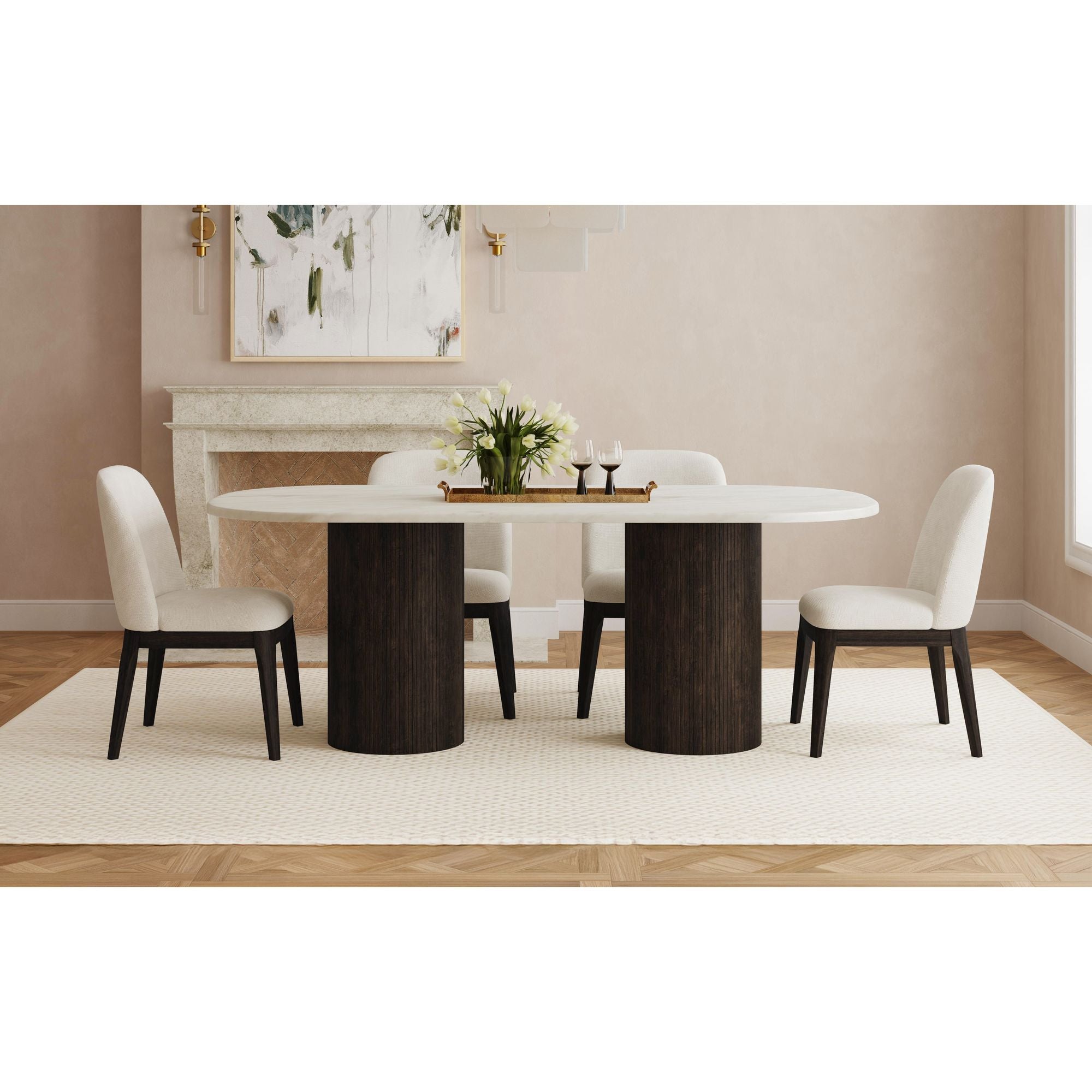 Sylvie Oval Dining Table with White Faux Marble Top in Dark Brown – SKU D-16000-5-DT | Elements