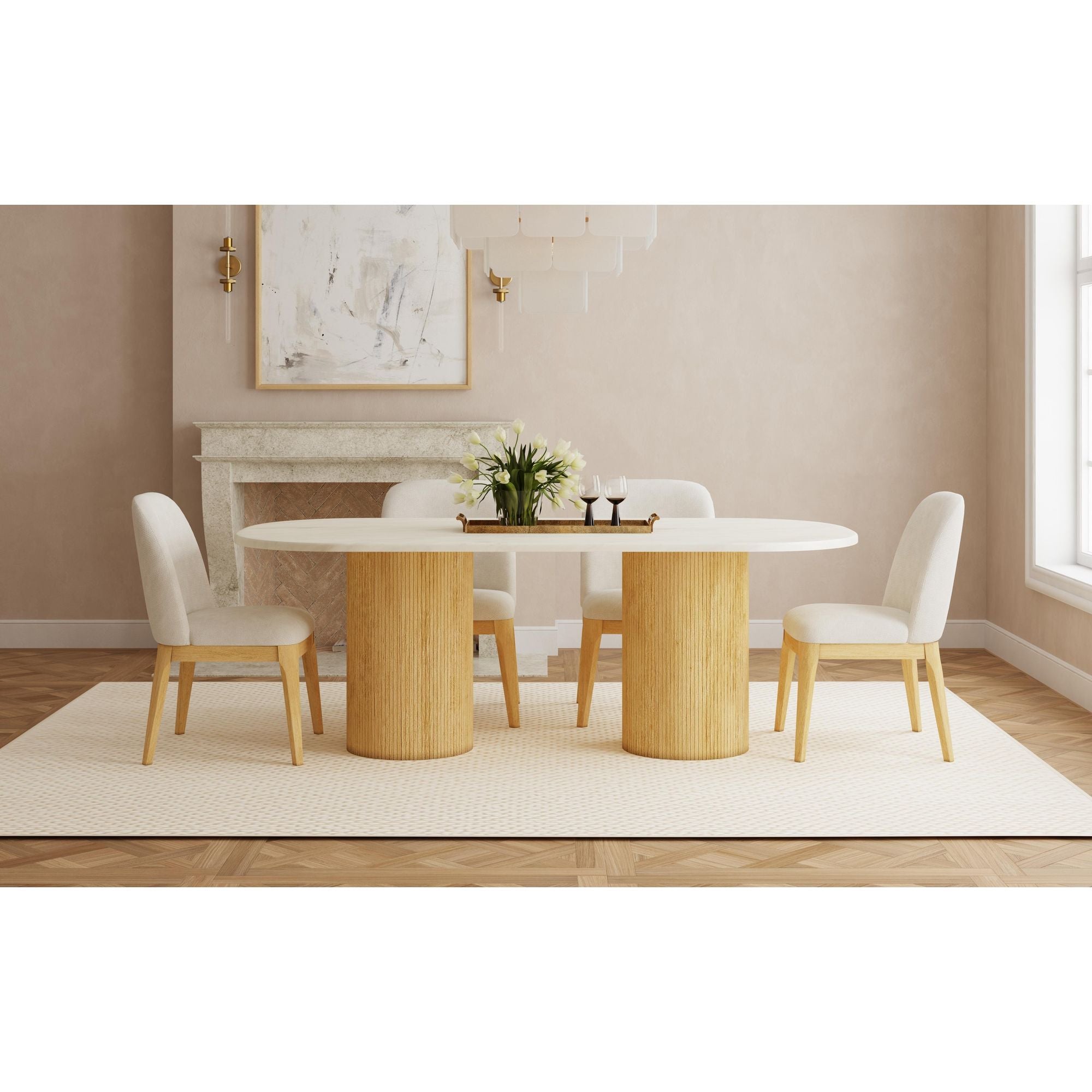 Sylvie Oval Dining Table with White Faux Marble Top in Natural – SKU D-16000-6-DT | Elements
