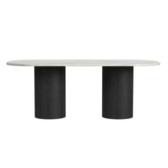 Sylvie Oval Dining Table with White Faux Marble Top in Black with Grain
