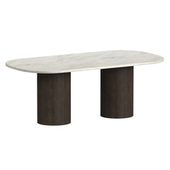 Sylvie Oval Dining Table with White Faux Marble Top in Dark Brown