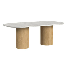 Sylvie Oval Dining Table with White Faux Marble Top in Natural