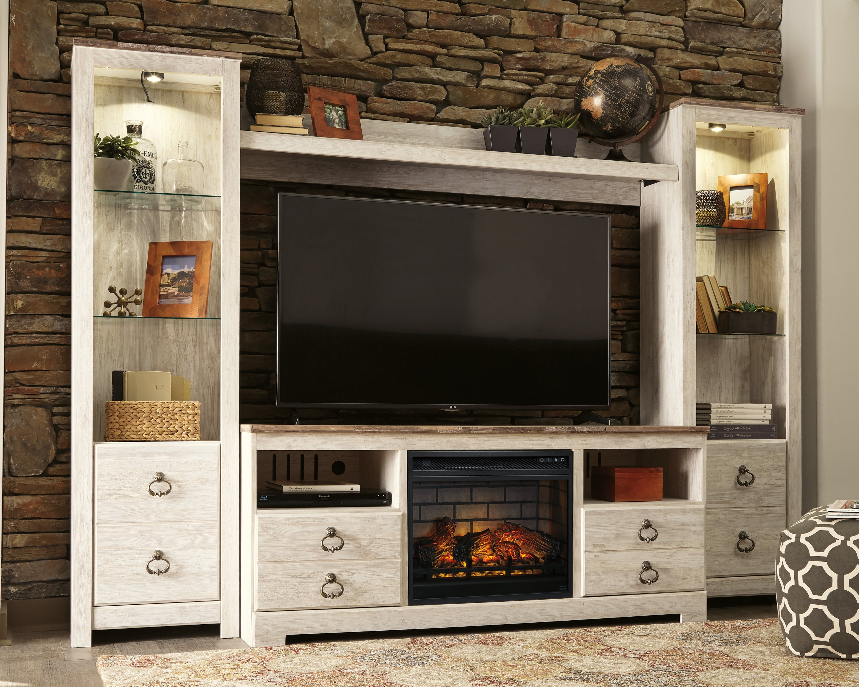 Hoover Furniture Outlet - Ashley Furniture - Willowton 4-Piece Entertainment Center with Electric Fireplace - 4-Piece Entertainment Center with Electric Fireplace - W267W9