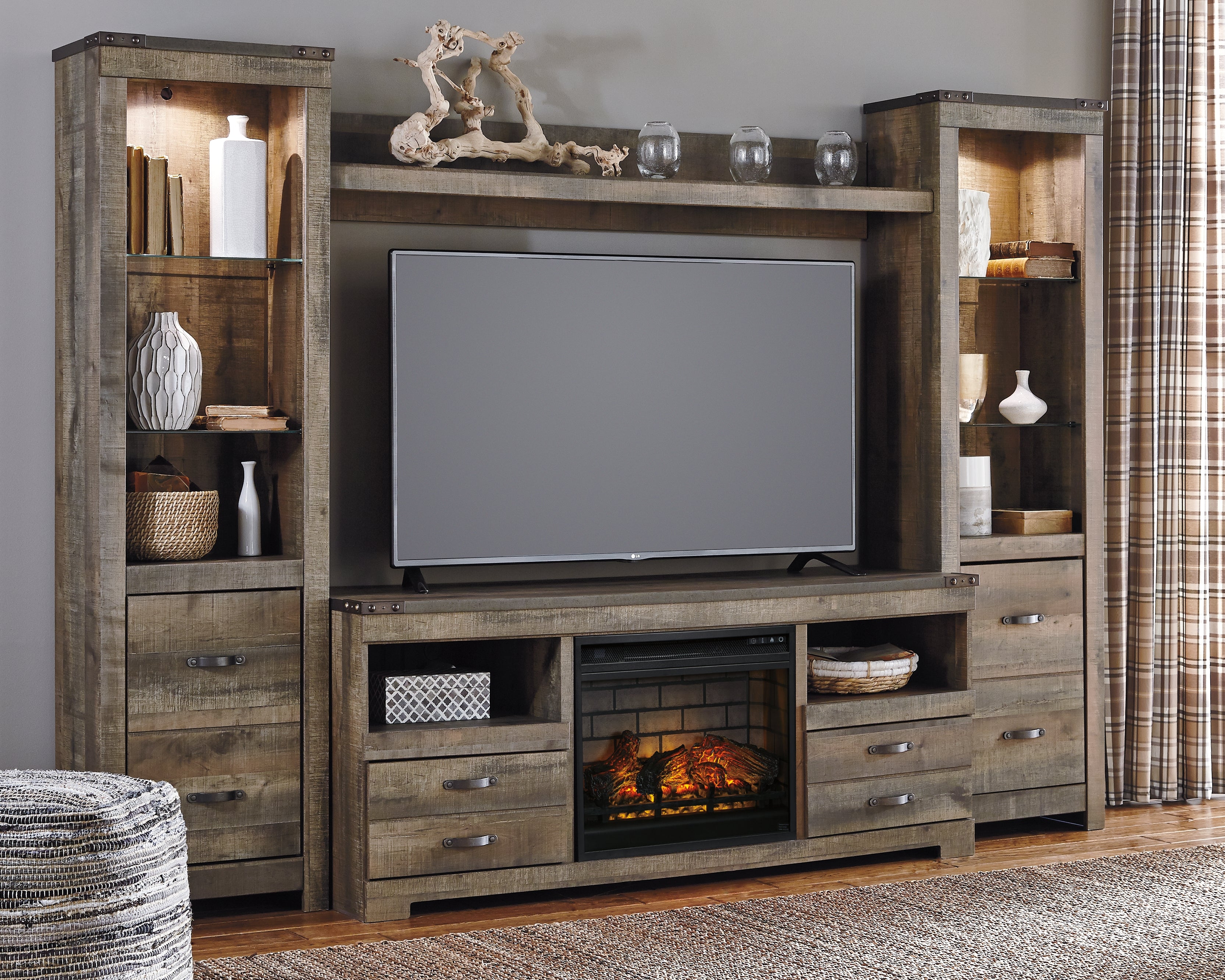 Hoover Furniture Outlet - Ashley Furniture - Trinell 4-Piece Entertainment Center with Electric Fireplace - 4-Piece Entertainment Center with Electric Fireplace - W446W8