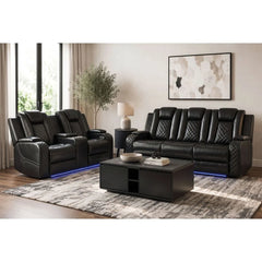 U-890 Power Motion Sofa w/ Dropdown and LED Lights, and Power Motion Loveseat in Pebble Black