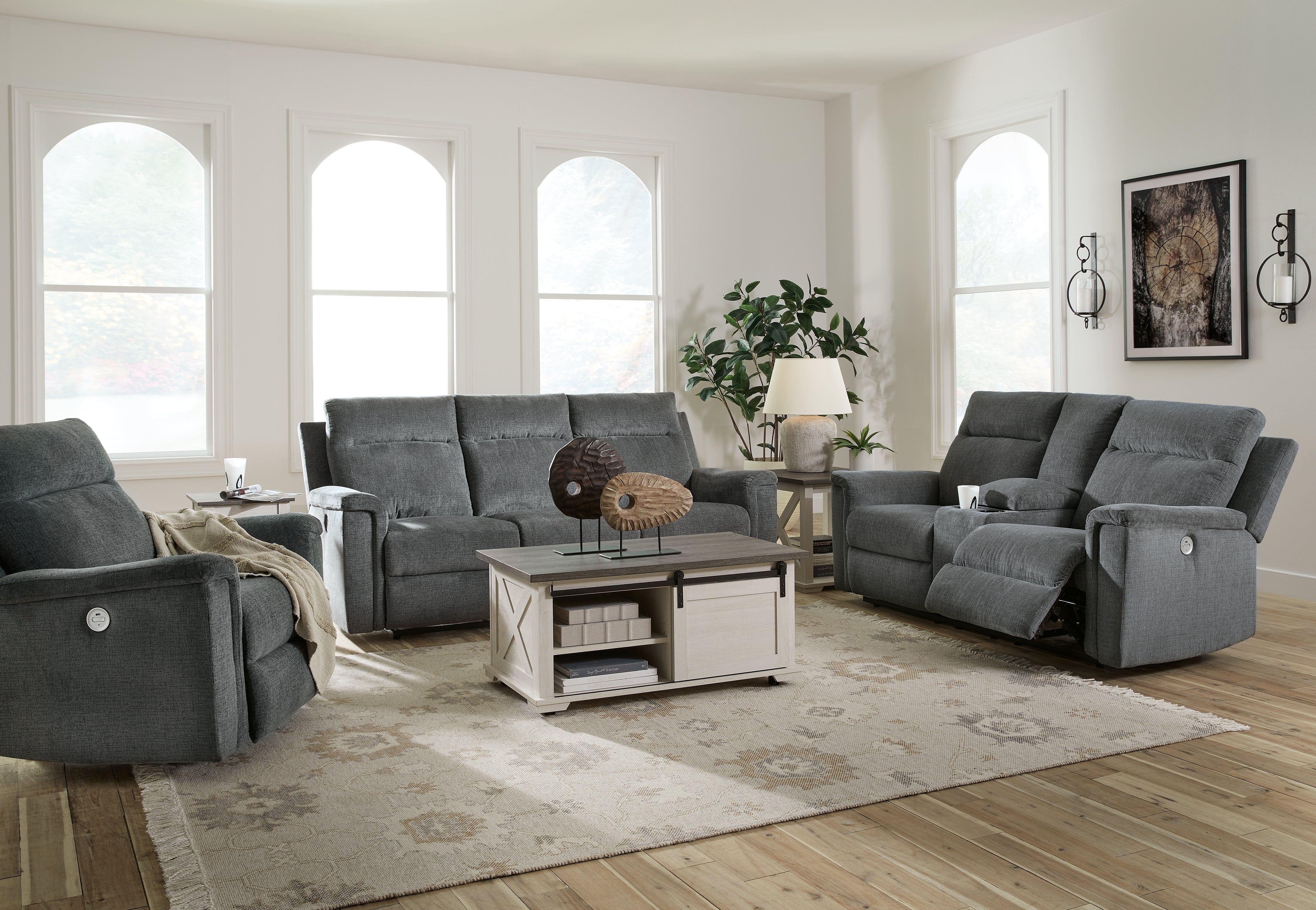 Hoover Furniture Outlet - Ashley Furniture - Barnsana Power Reclining Sofa, Loveseat and Recliner - Power Reclining Sofa, Loveseat and Recliner / Gravel - 33202U2