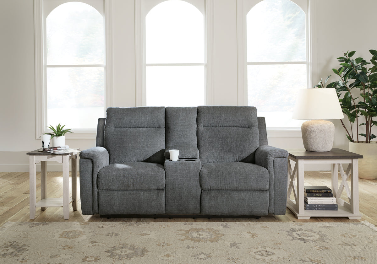 Hoover Furniture Outlet - Ashley Furniture - Barnsana Power Reclining Loveseat with Console - DBL REC PWR Loveseat w/Console / Gravel - 3320296