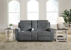 Hoover Furniture Outlet - Ashley Furniture - Barnsana Power Reclining Loveseat with Console - DBL REC PWR Loveseat w/Console / Gravel - 3320296