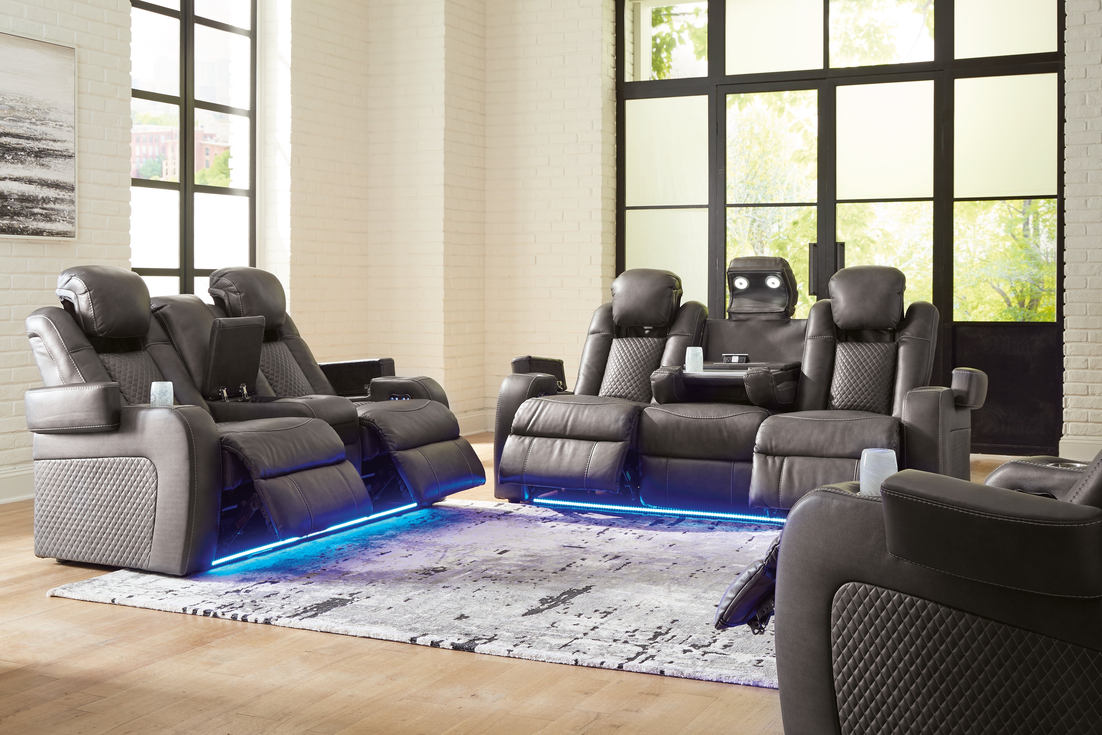 Hoover Furniture Outlet - Ashley Furniture - Fyne-Dyme Power Reclining Sofa, Loveseat and Recliner - Power Reclining Sofa, Loveseat and Recliner / Shadow - 36602U2