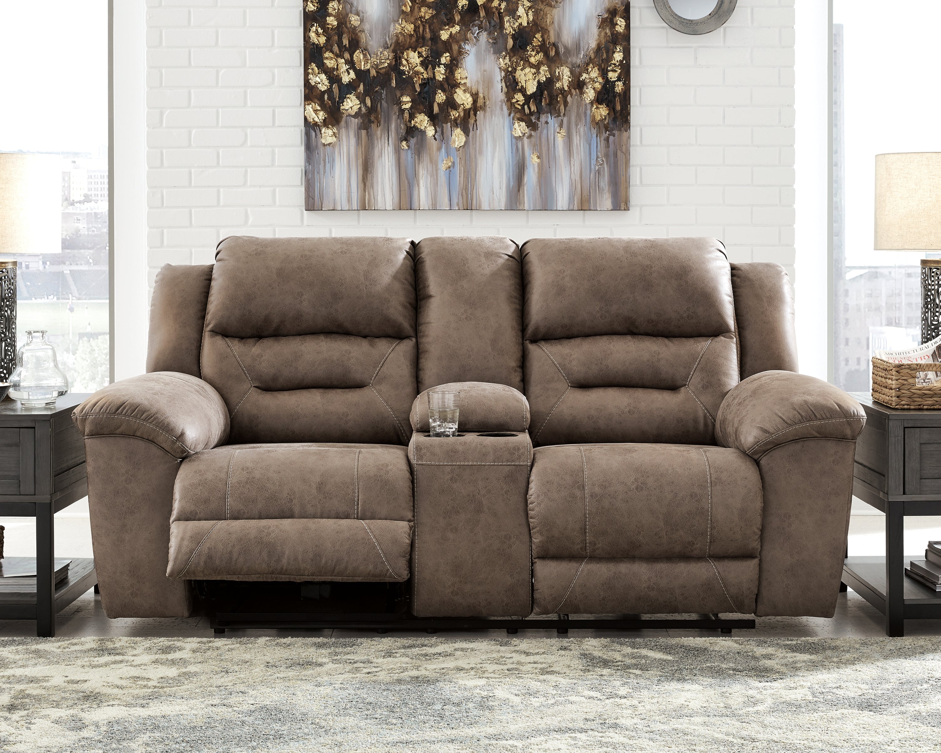 Hoover Furniture Outlet - Ashley Furniture - Stoneland Power Reclining Loveseat with Console - DBL REC PWR Loveseat w/Console / Fossil - 3990596