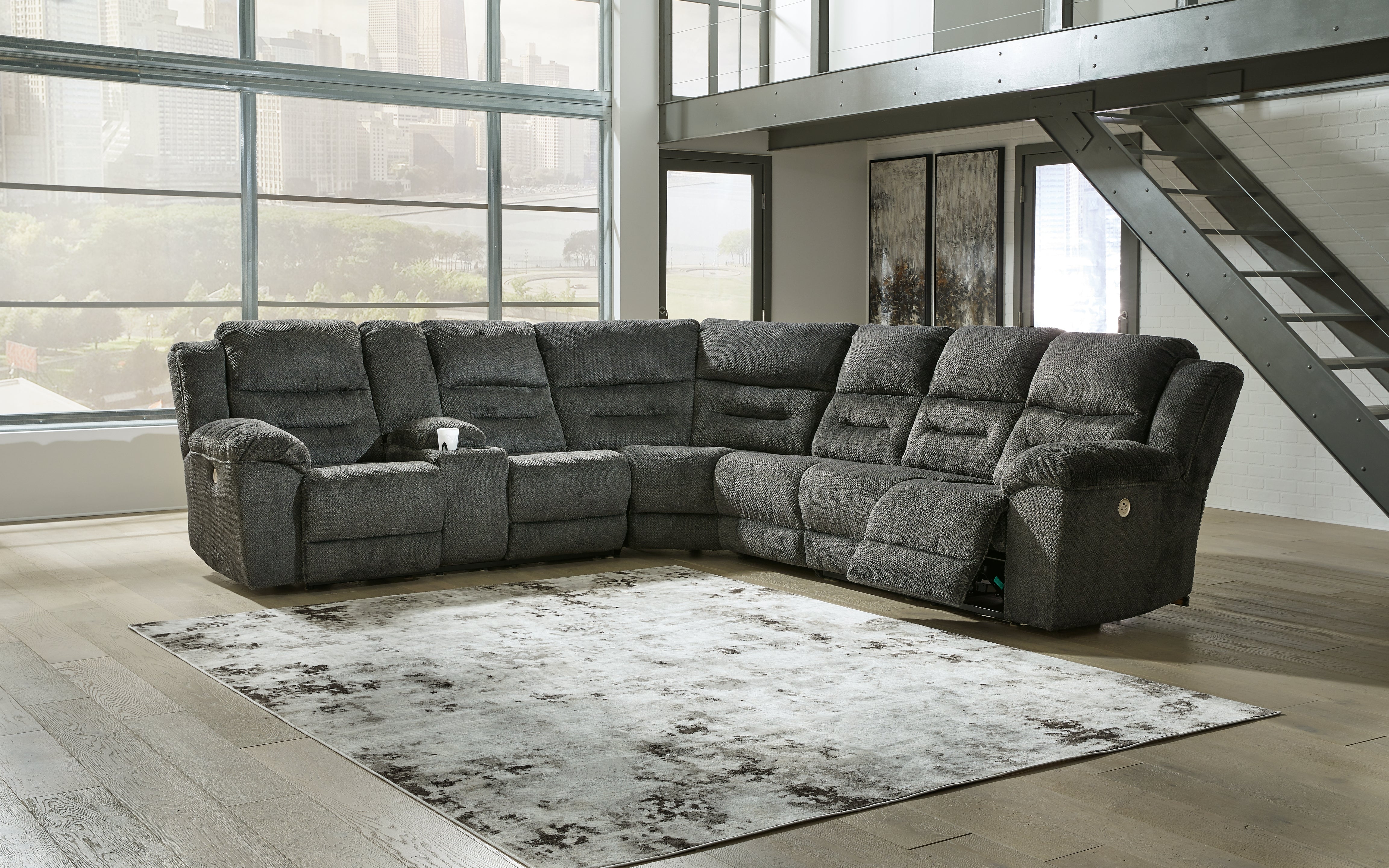 Hoover Furniture Outlet - Ashley Furniture - Nettington 4-Piece Power Reclining Sectional - 4-Piece Power Reclining Sectional / Smoke - 44101S3