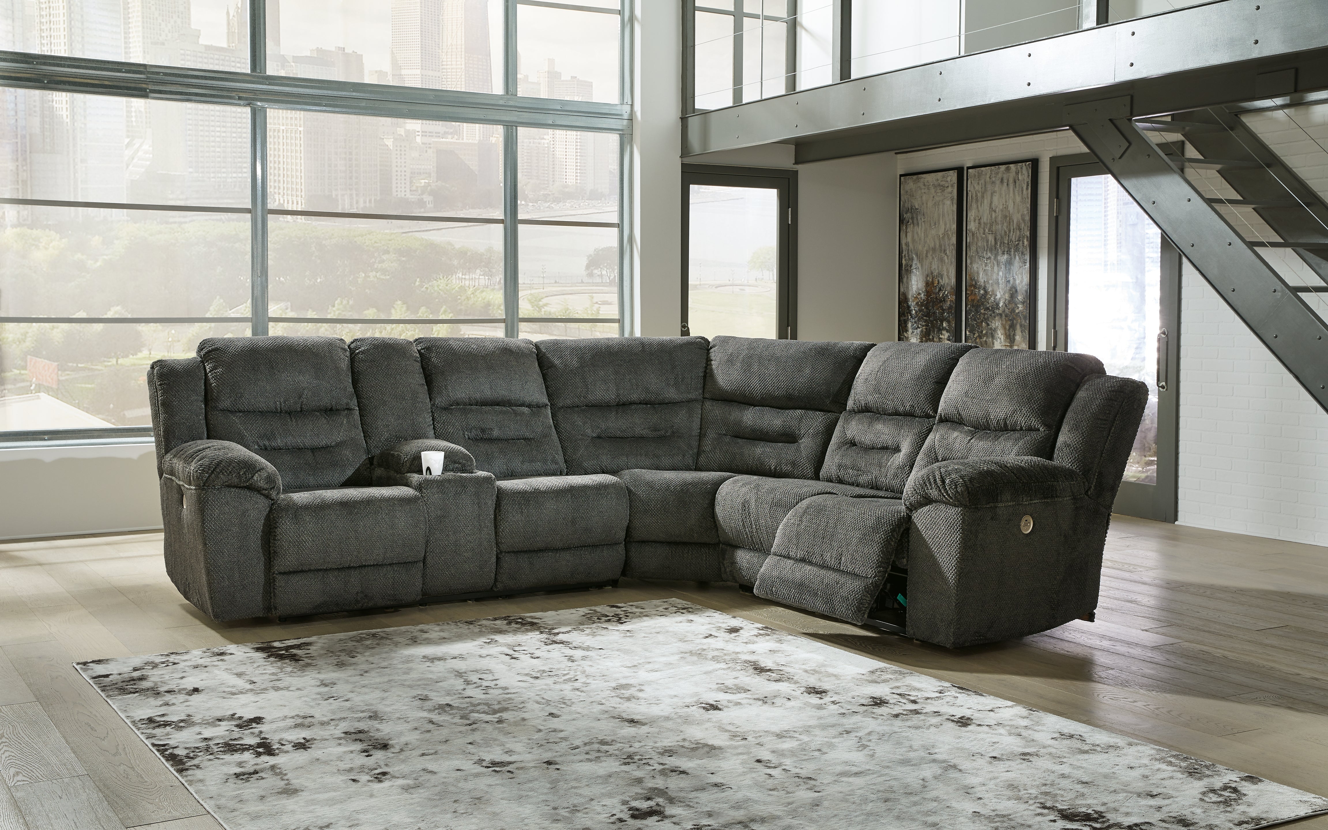 Hoover Furniture Outlet - Ashley Furniture - Nettington 3-Piece Power Reclining Sectional - 3-Piece Power Reclining Sectional / Smoke - 44101S1