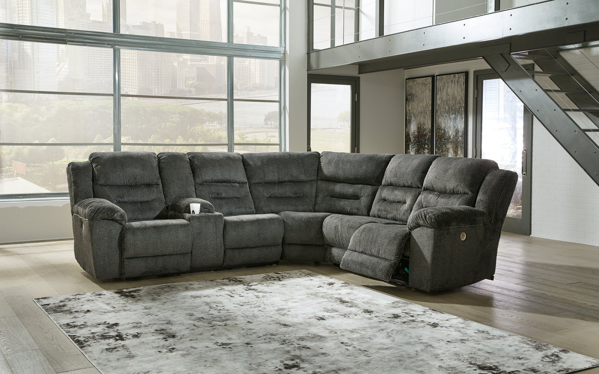Hoover Furniture Outlet - Ashley Furniture - Nettington 3-Piece Power Reclining Sectional - 3-Piece Power Reclining Sectional / Smoke - 44101S1