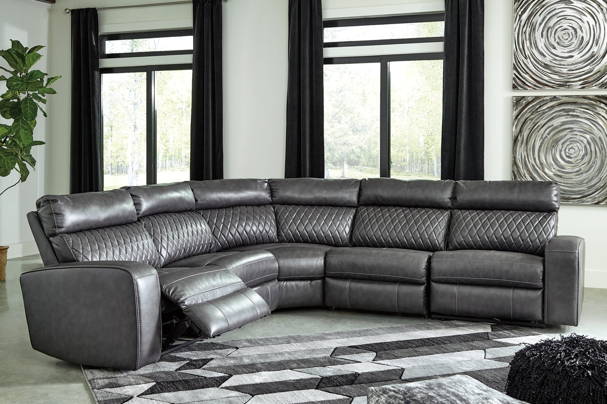 Hoover Furniture Outlet - Ashley Furniture - Samperstone 5-Piece Power Reclining Sectional - 5-Piece Power Reclining Sectional / Gray - 55203S1