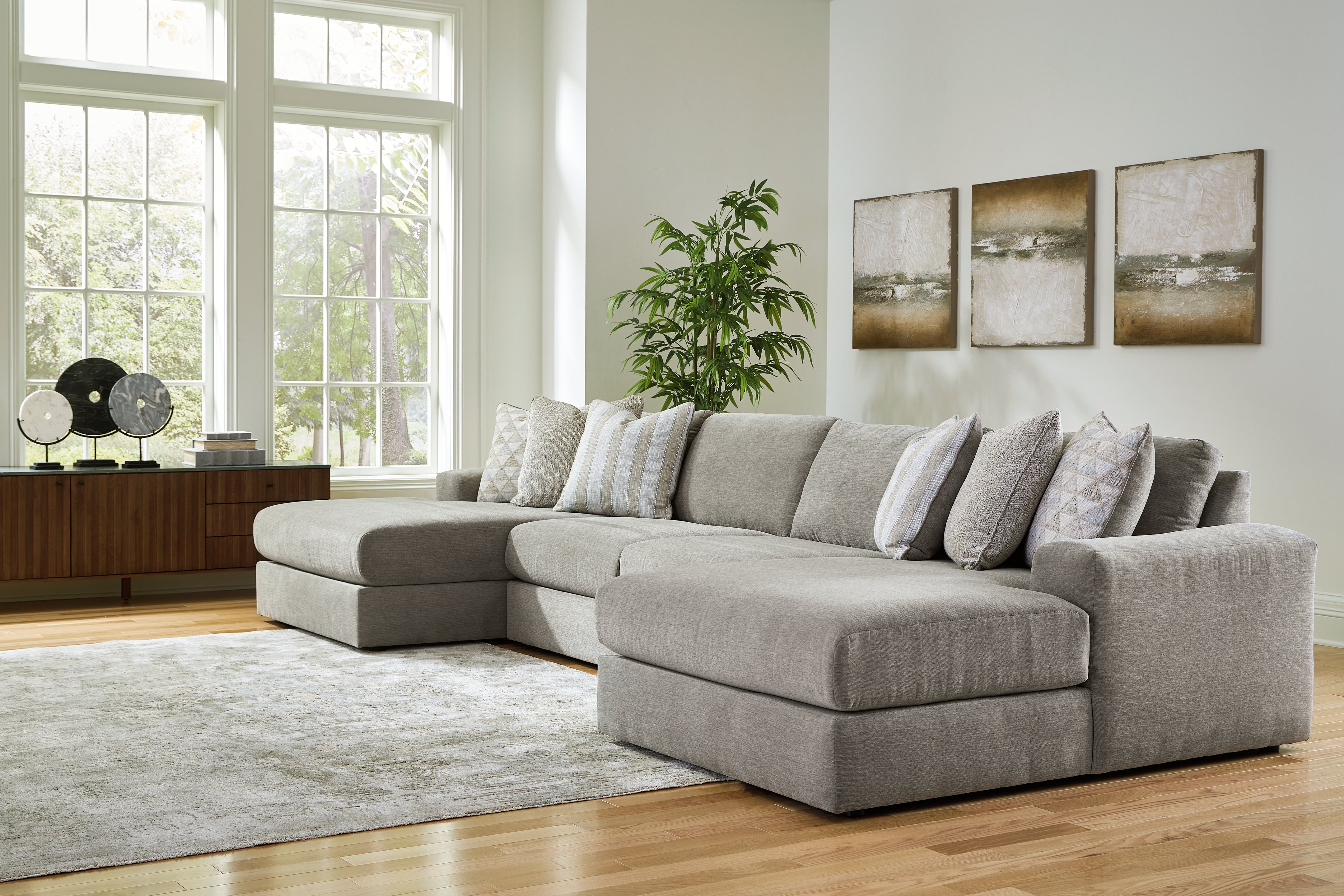 Hoover Furniture Outlet - Ashley Furniture - Avaliyah 4-Piece Double Chaise Sectional - RAF 4-Piece Double Chaise Sectional / Ash - 58103S11