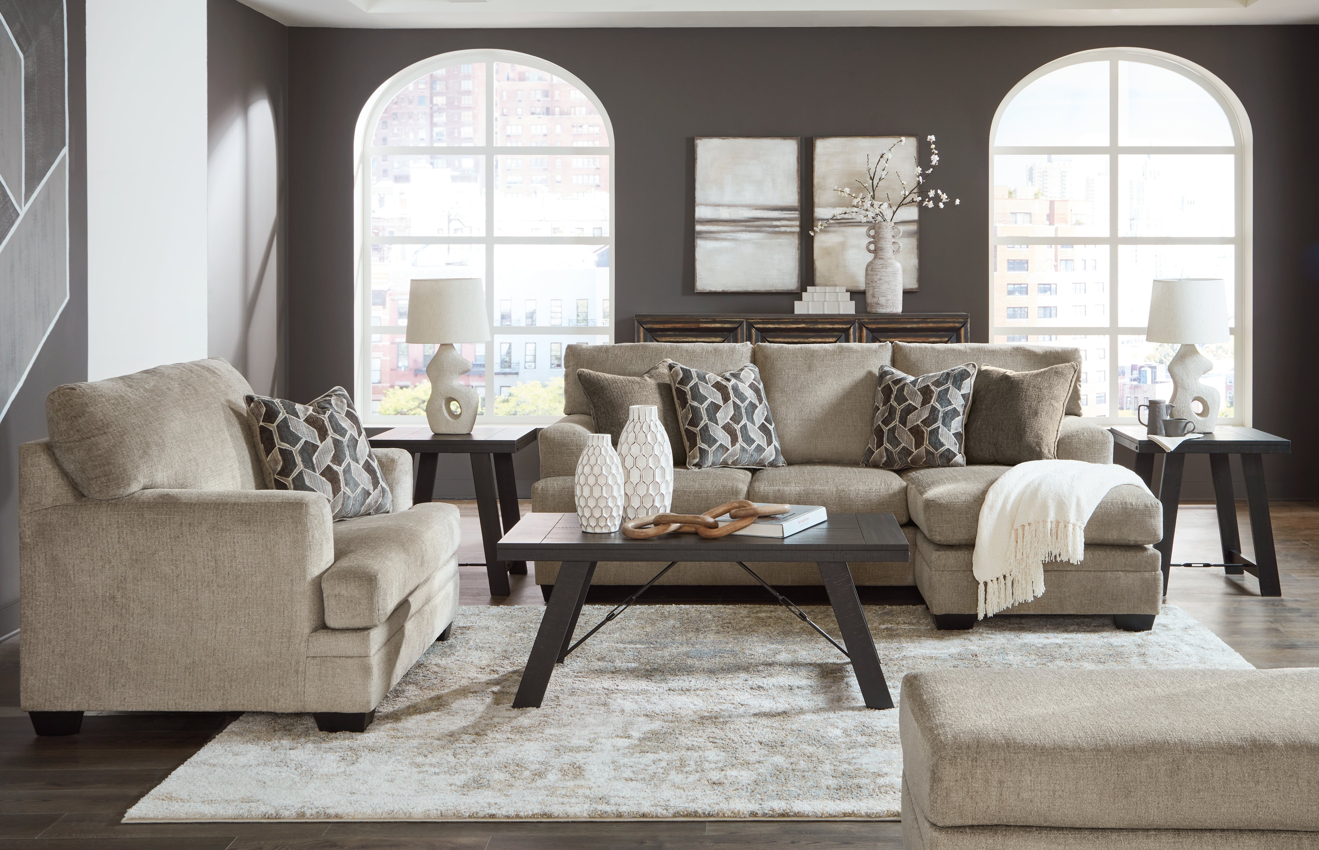 Hoover Furniture Outlet - Ashley Furniture - Stonemeade Sofa Chaise, Oversized Chair and Ottoman - Sofa Chaise, Oversized Chair, and Ottoman / Taupe - 59504U3
