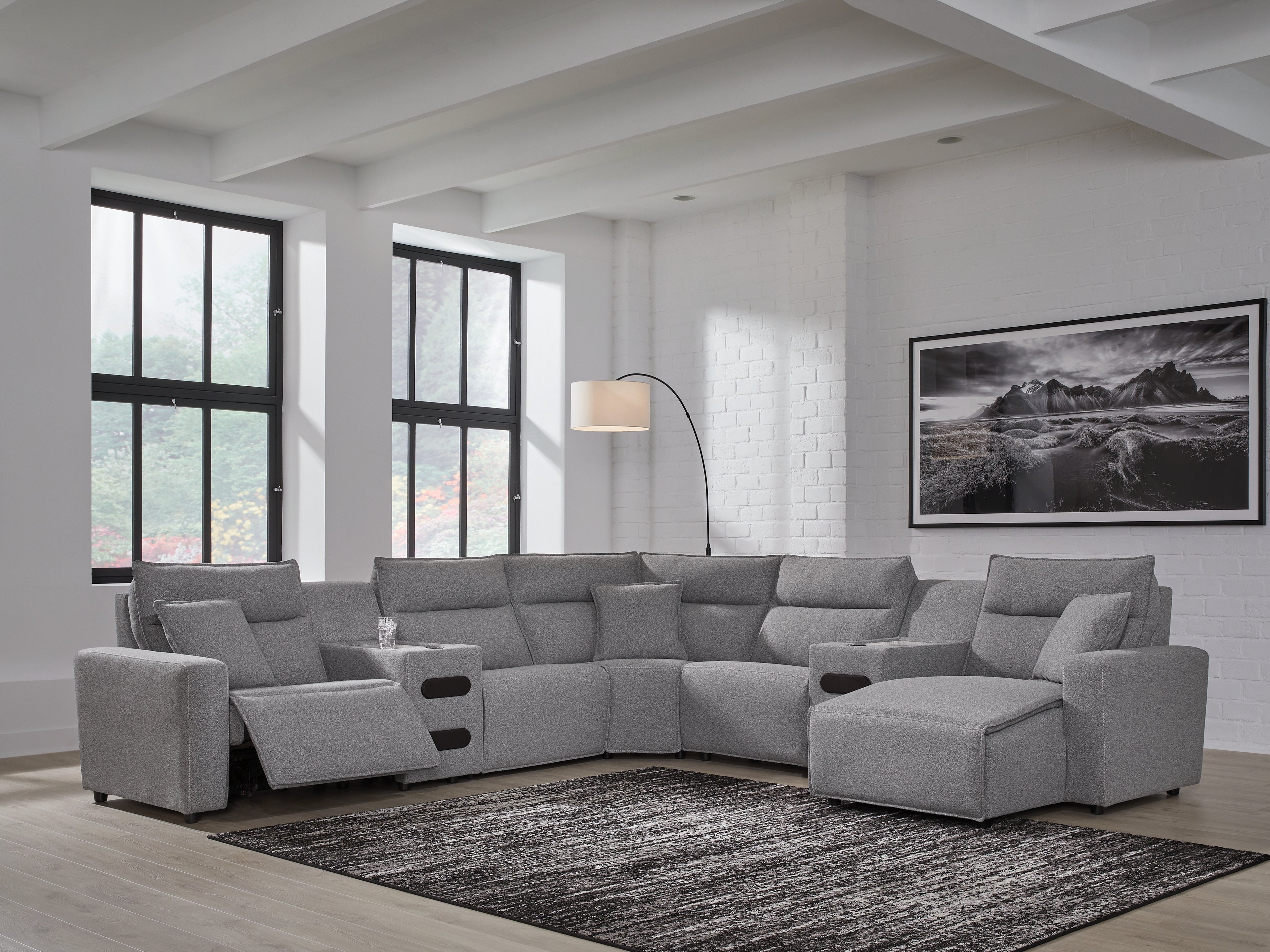 Hoover Furniture Outlet - Ashley Furniture - Modmax II 7-Piece Power Reclining Sectional with Chaise and Audio Consoles - 7-Piece Power Reclining Sectional with Chaise and Audio Consoles / Salt and Pepper - 65906S7